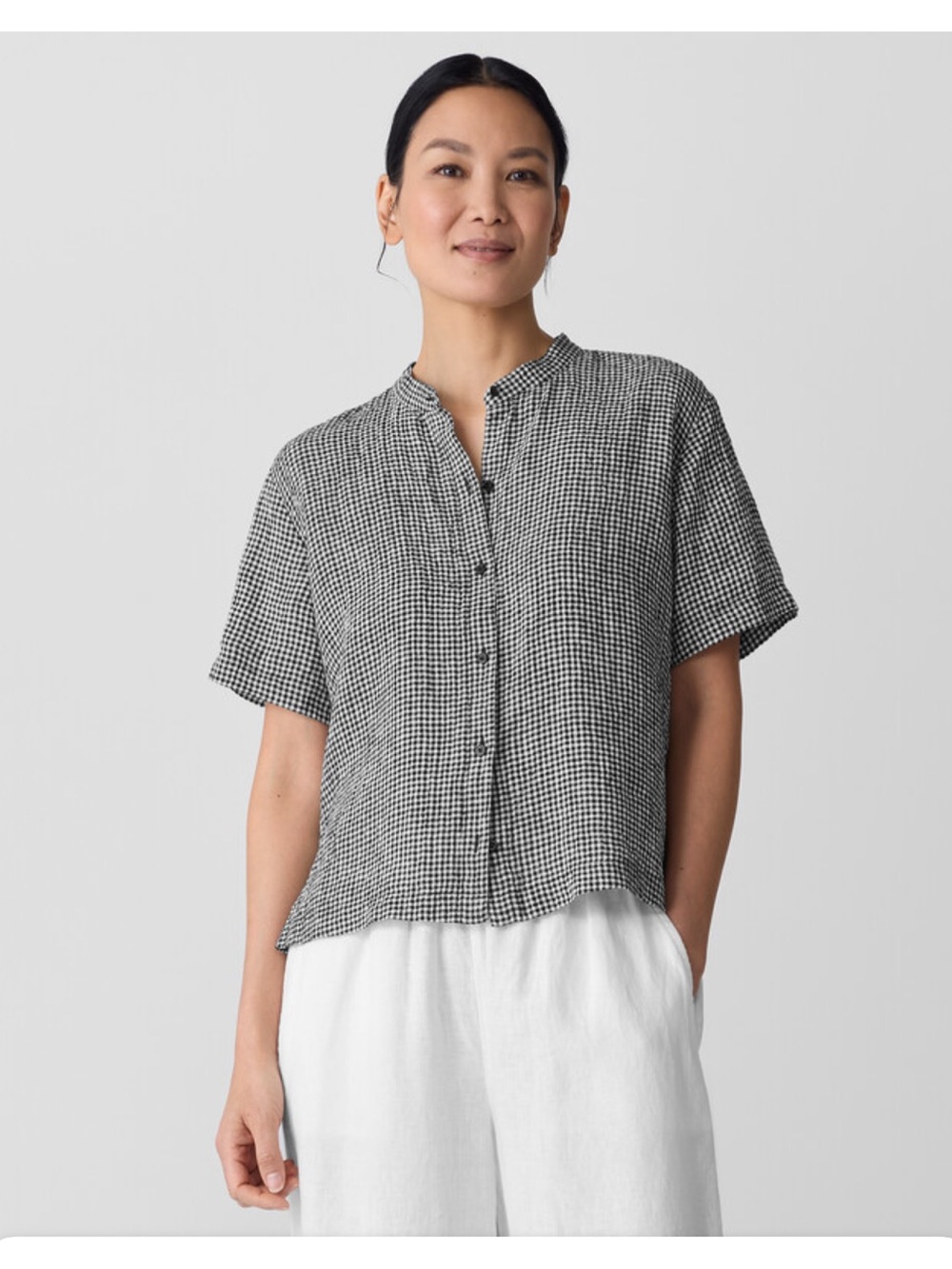 Eileen Fisher Cream & White Gingham Button Front Short Sleeve Top